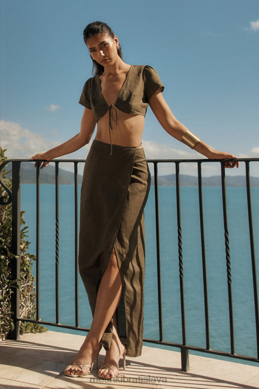 Meshki Fatima ľanová zavinovacia maxi sukňa oblečenie kaki 4N0F61230