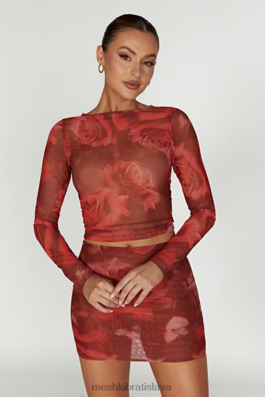 Meshki blaine sieťovaný top s dlhým rukávom oblečenie nadrozmerná potlač ruží 4N0F61018